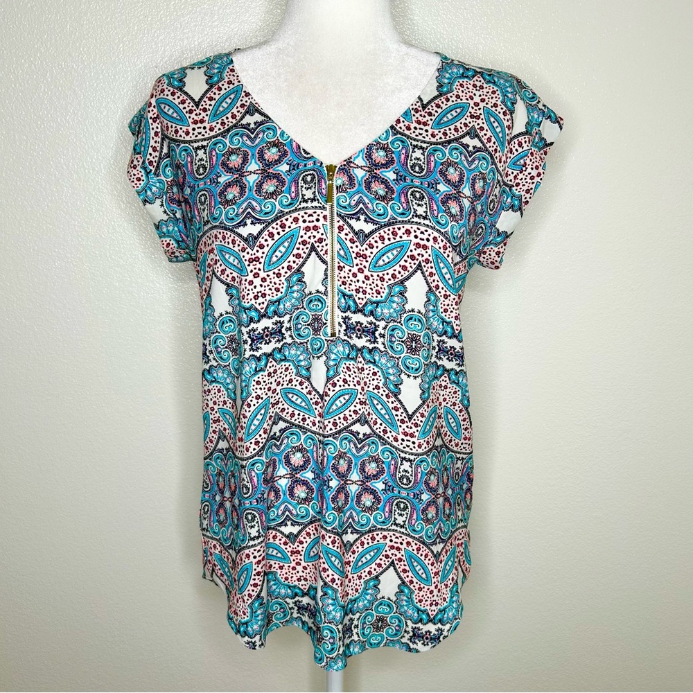 Express Womens Baby Blue & Pink Satin Patterned Half-Zip Stretch Blouse Top S